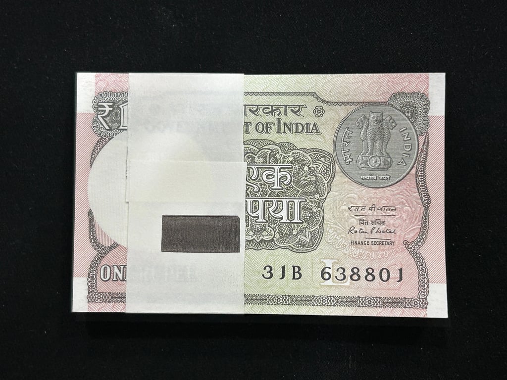 India, 2016 Rupee 1 Complete Serial Bundle of 100 Banknotes, Fancy Mirror Serial Number 638-836 & Fancy Serial Number 108 (Reverse 801),  Sign. Ratan P. Watal, UNC