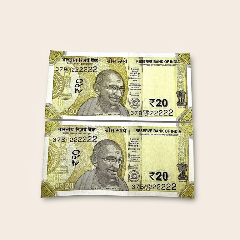 Rs 20 India Banknote Twin Pair Set GEM UNC 37B 222222 Unique And Rare