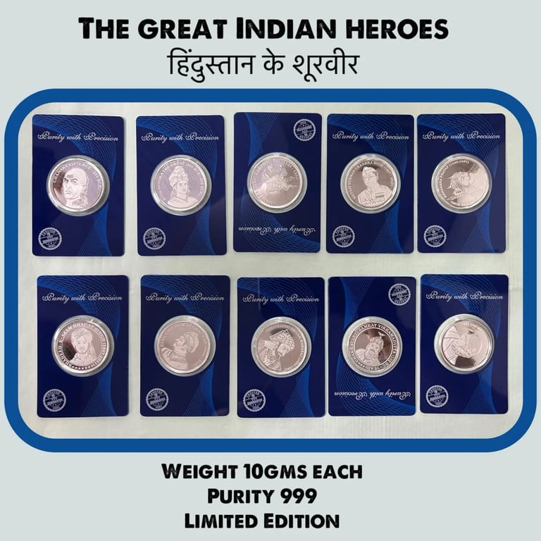 The Great India heroes 100 Grams pure silver 10 Coins set