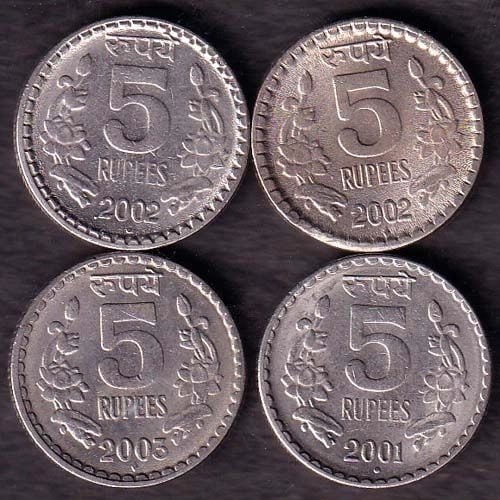 4 Coins Set:-Republic India 2001,2002 and 2003 Year FOREIGN mint and Bombay Mint Five Rupee Coin ANH2948