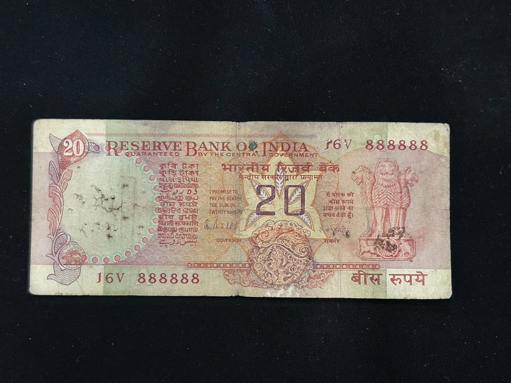 India, Rupees 20 Banknote, Solid Fancy Serial Number 888888, Konark Wheel Issue, Sign. R. N. Malhotra, Used Condition