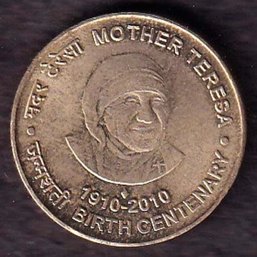 Republic India 1910  2010 Mother Teresa Birth Centenary BOMBAY MINT 5 rupee coin ANH2955