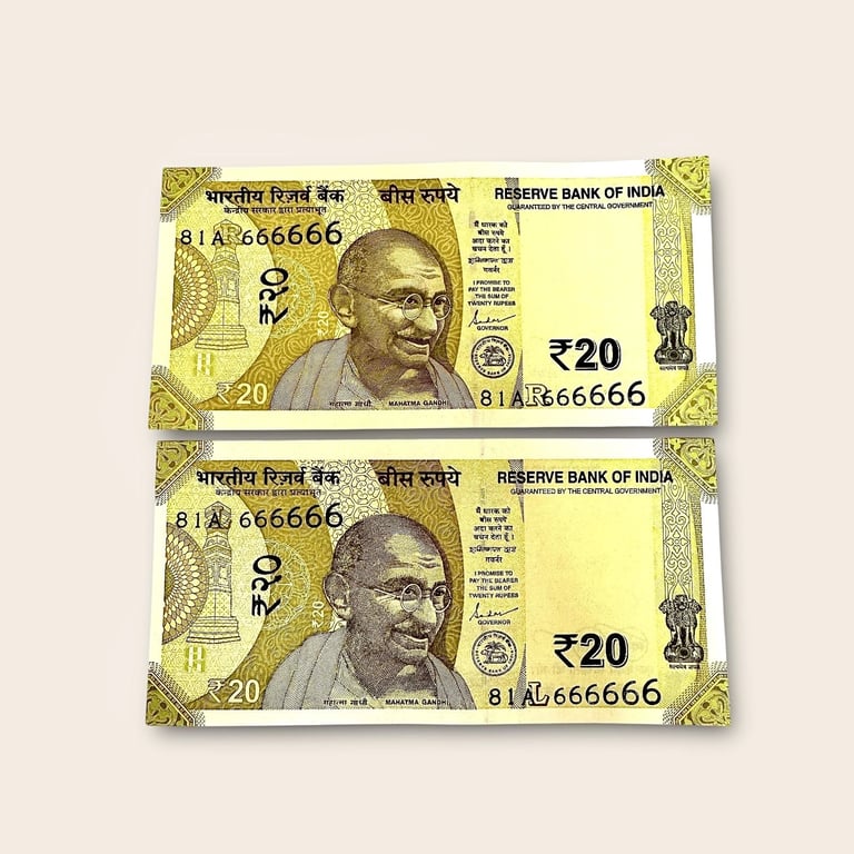 Rs 20 India Banknote Twin Pair Set GEM UNC 81A 666666 Unique And Rare