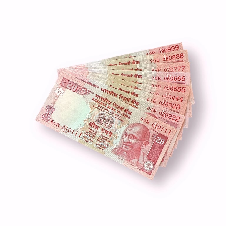Rs 20 India Banknote 9 Note Set Fancy Numbers Starting 010111 Till 090999 Unique And Rare