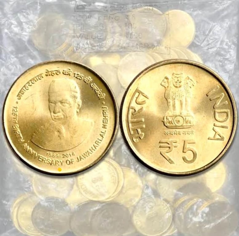 Rs. 5 Birth Anniversary Of Jawaharlal Nehru 100 Coin RBI SEAL Kolkata Mint Pack