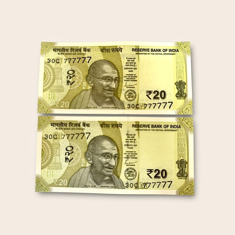 Rs 20 India Banknote Twin Pair Set GEM UNC 30C 777777 Unique And Rare