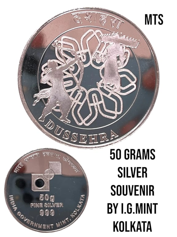 Dussehra 50 Grams pure silver souvenir coin issued by india government mint Kolkata