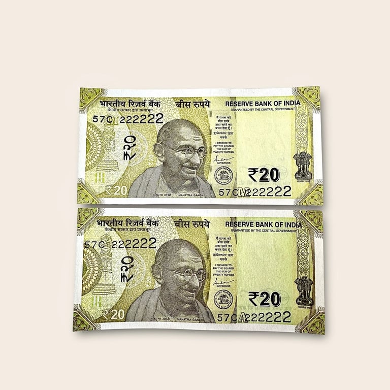 Rs 20 India Banknote Twin Pair Set GEM UNC 57C 222222 Unique And Rare