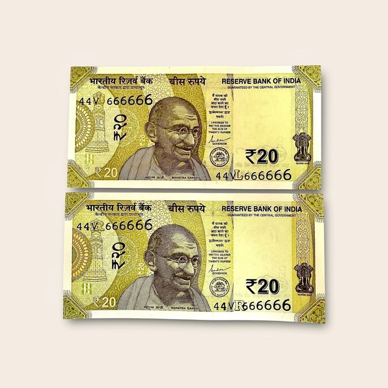 Rs 20 India Banknote Twin Pair Set GEM UNC 44V 666666 Unique And Rare
