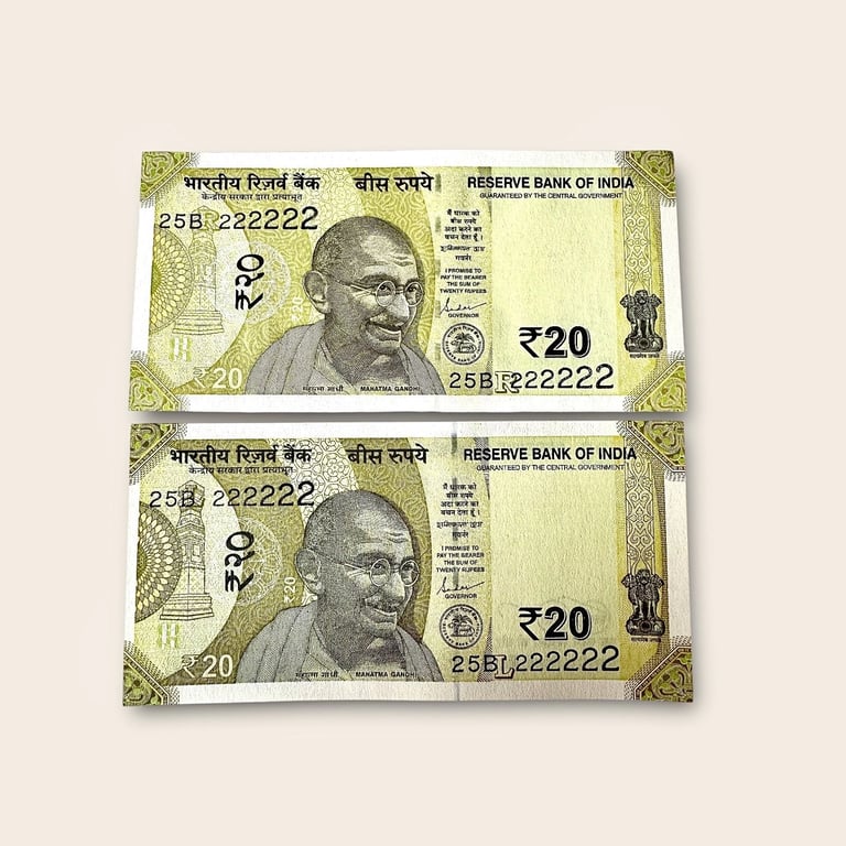 Rs 20 India Banknote Twin Pair Set GEM UNC 25B 222222 Unique And Rare