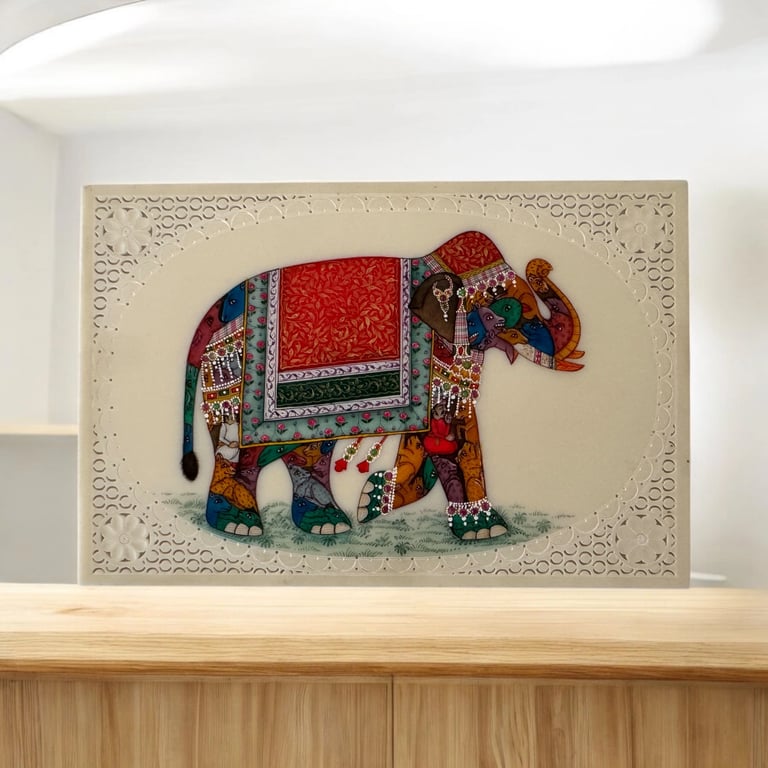 Handmade Royal Mughal Finest Indian Elephant Persian Gem Work Miniature Painting