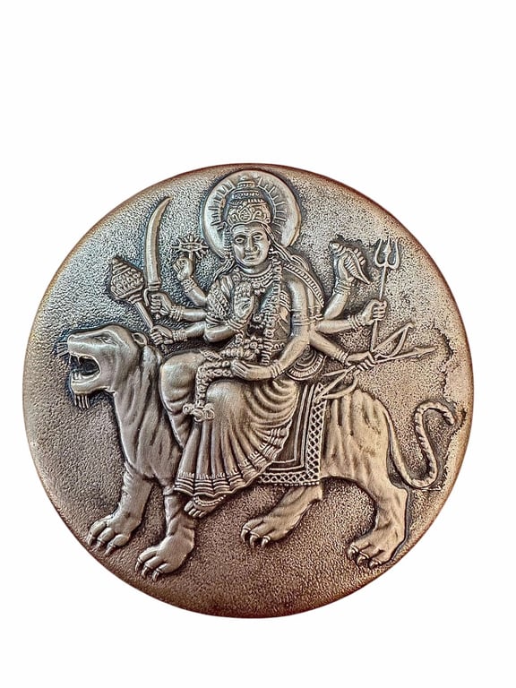 Rare Vintage Goddess Durga 19th Century 5 Gm Silver 999 Ag Rubidium Finish Very Unique and Rare One of a Kind