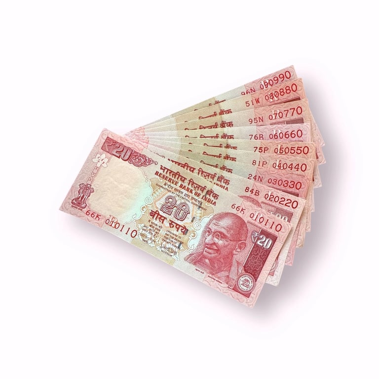 Rs 20 India Banknote 9 Note Set Fancy Numbers Starting 010110 Till 090990 Unique And Rare