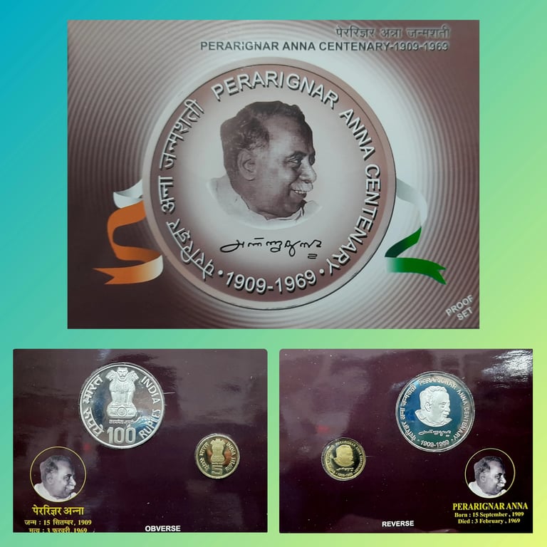 2009 perarignar anna durai 2 coins proof set kolkata mint