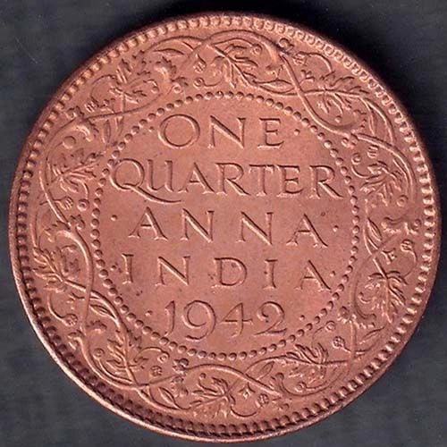 British India 1942 George VI King Emperor One Quarter Anna Coppr Coin ANH259