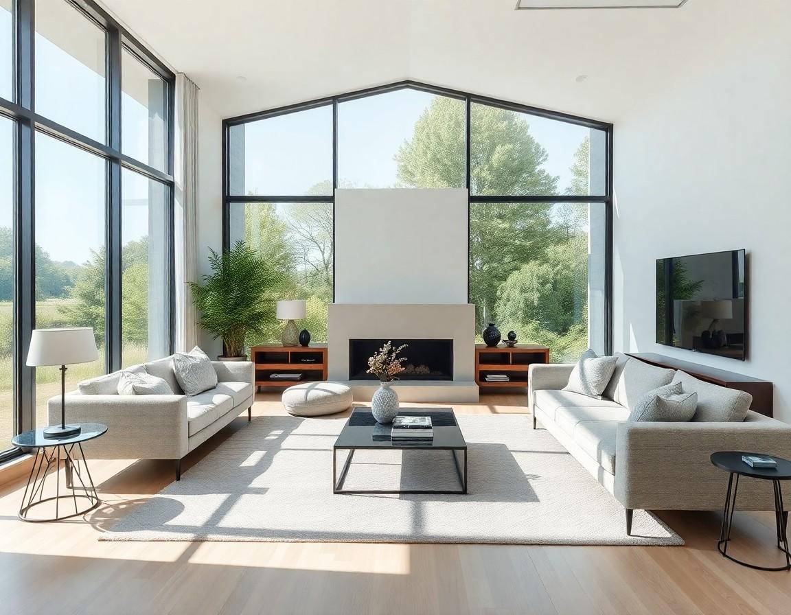 Bright living room with tall arched window, simple plaster fireplace, two beige sofas, black coffee table, and wood consoles.