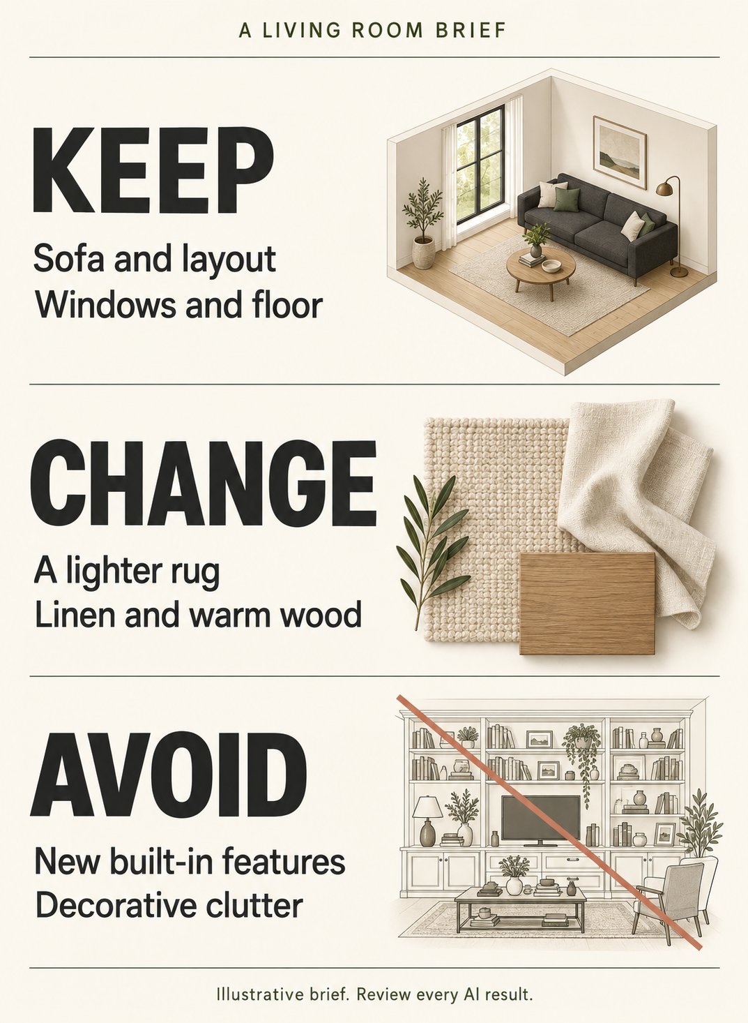 Illustrated living-room brief: keep the sofa, layout, windows and floor; change the rug, linen and wood accents; avoid new built-in features and decorative clutter.