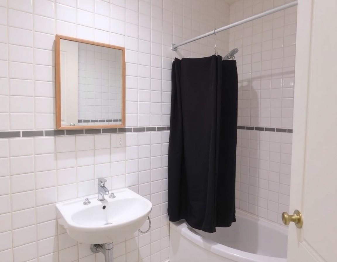 Small tiled bathroom with wall-mounted sink, rectangular wood-framed mirror, black shower curtain and white square tile with dark horizontal trim.