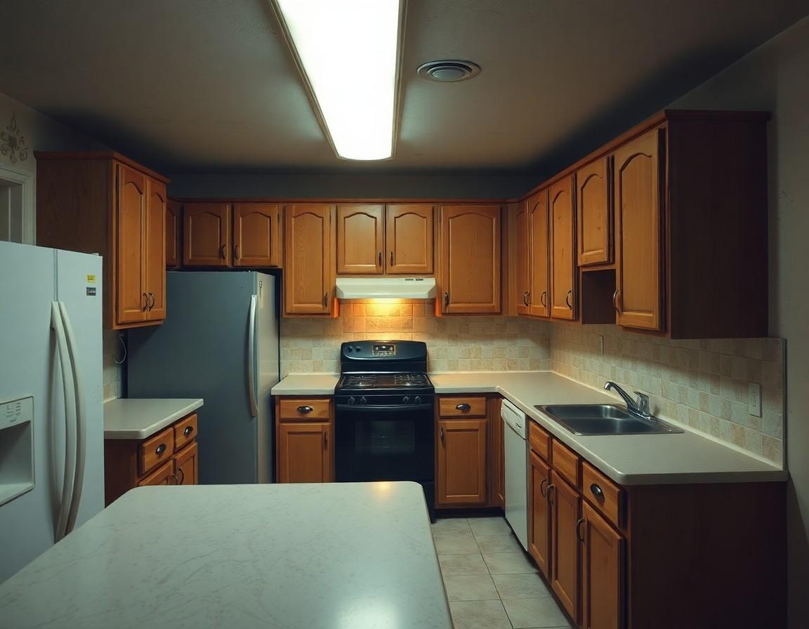 Small kitchen with honey oak cabinets, beige tiled backsplash, fluorescent ceiling light and a light laminate island