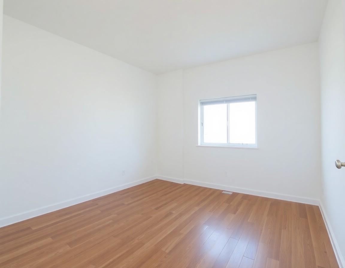 Empty small bedroom with white walls, single sliding window, white baseboards and honey-toned plank flooring.