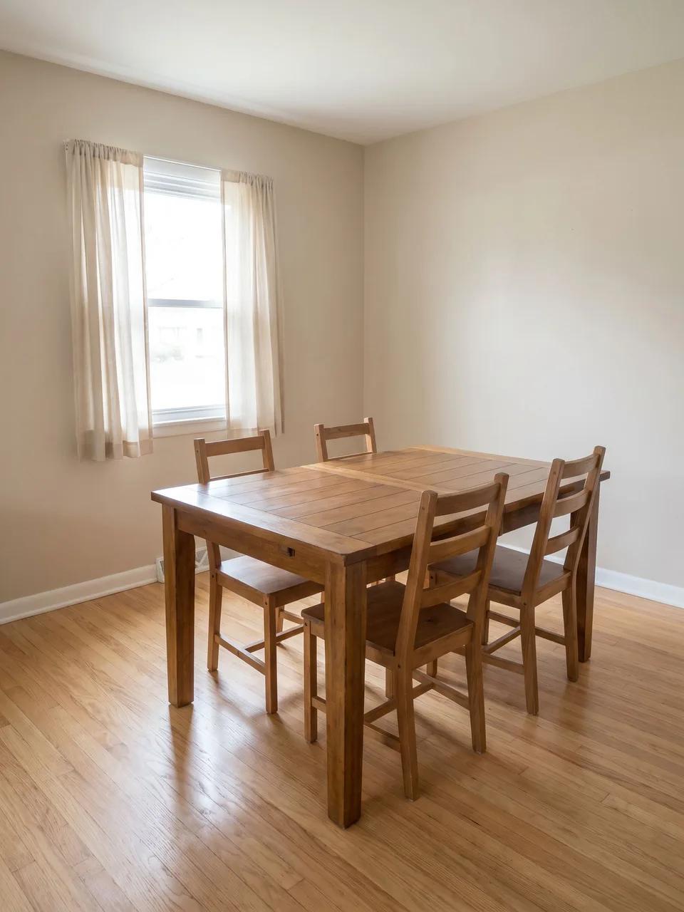 Small dining room with a simple wooden table and four matching wooden chairs under a window with sheer curtains on a bare hardwood floor.