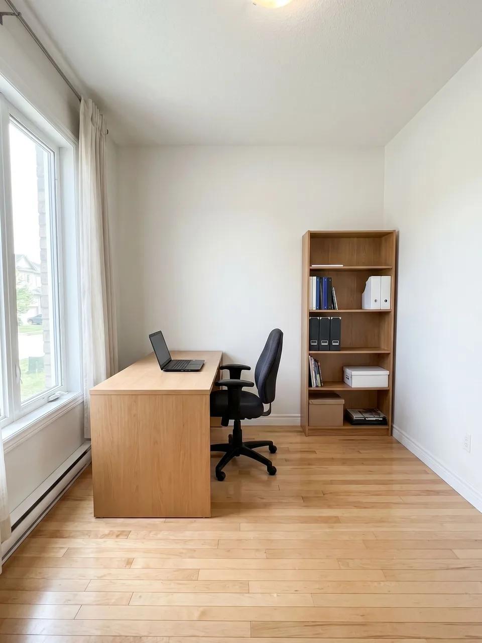 Small home office with rectangular oak desk, black office chair, tall open bookshelf and large window with sheer curtains
