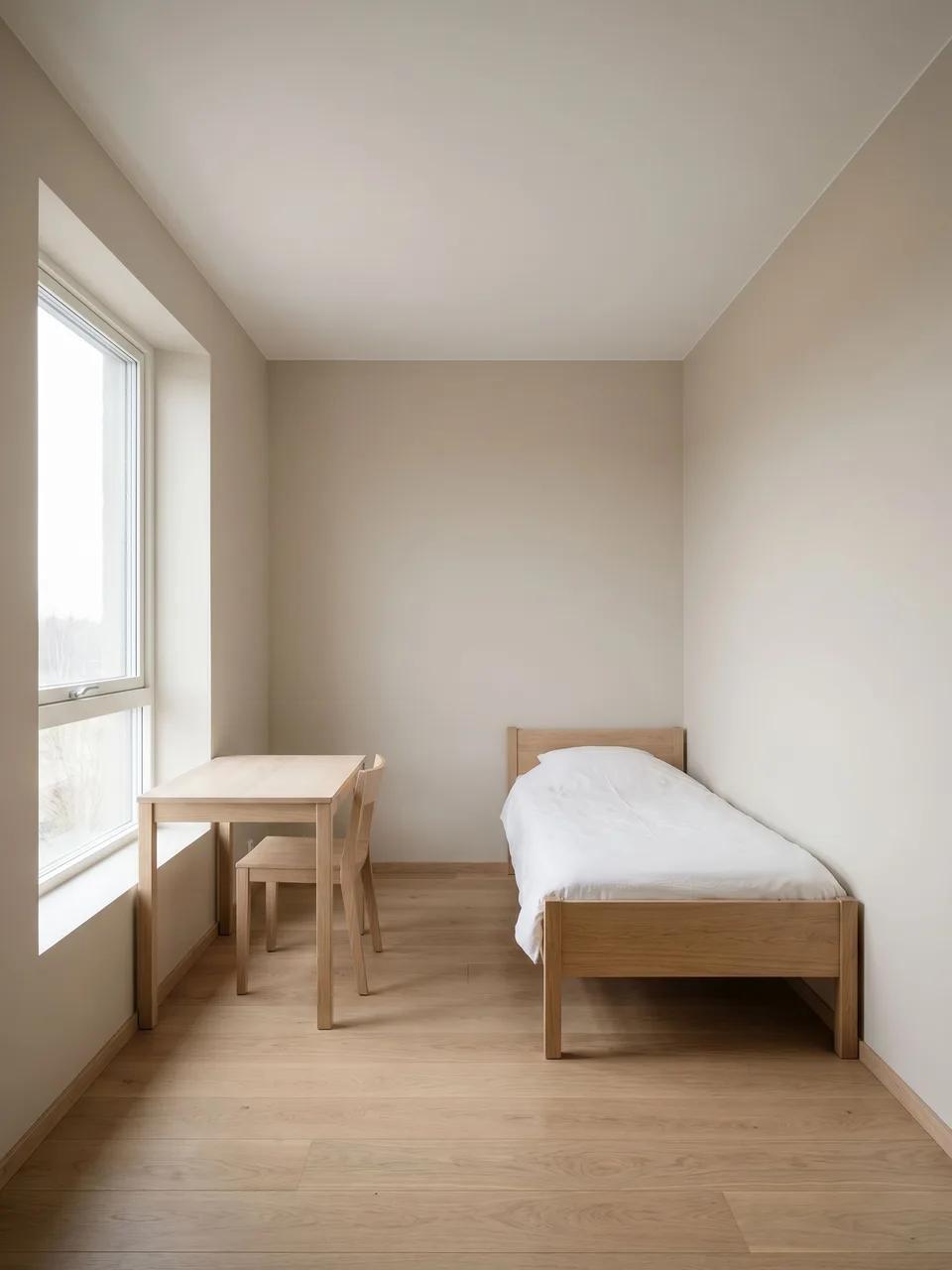 Narrow kids bedroom with single wooden bed, small desk by deep window, pale walls and wood floor.