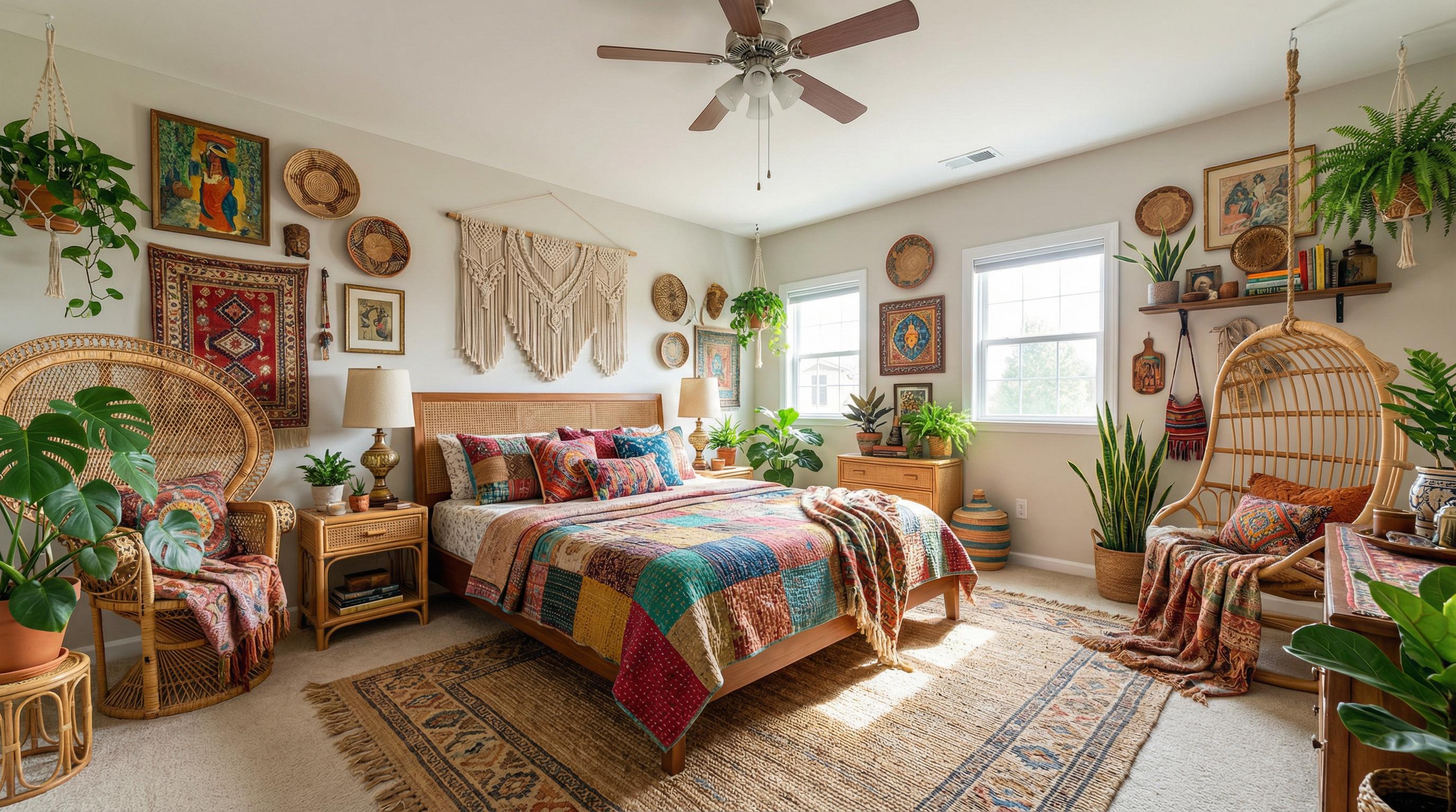 Bohemian bedroom after AI restyle by Renovaitor: Bohemian Bedroom Staging
