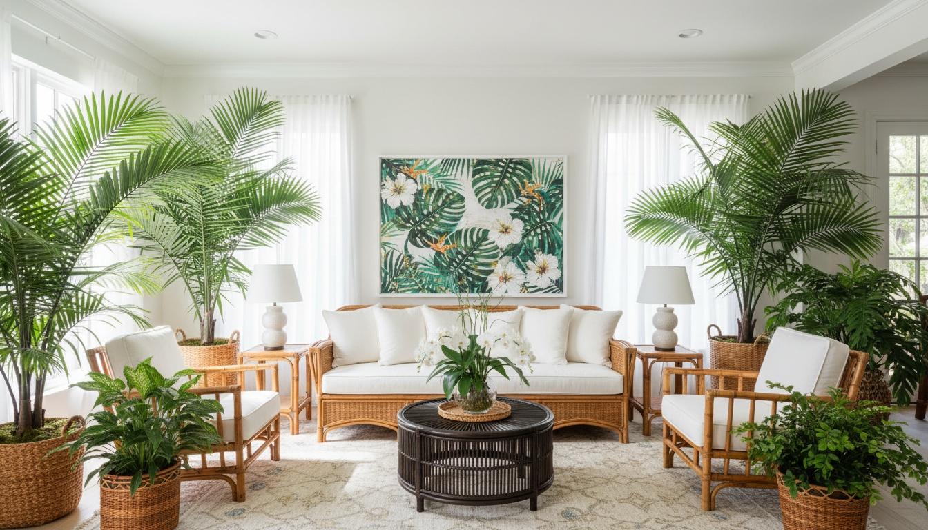 Tropical living room after AI restyle by Renovaitor: Tropical Oasis Living Room Transformation