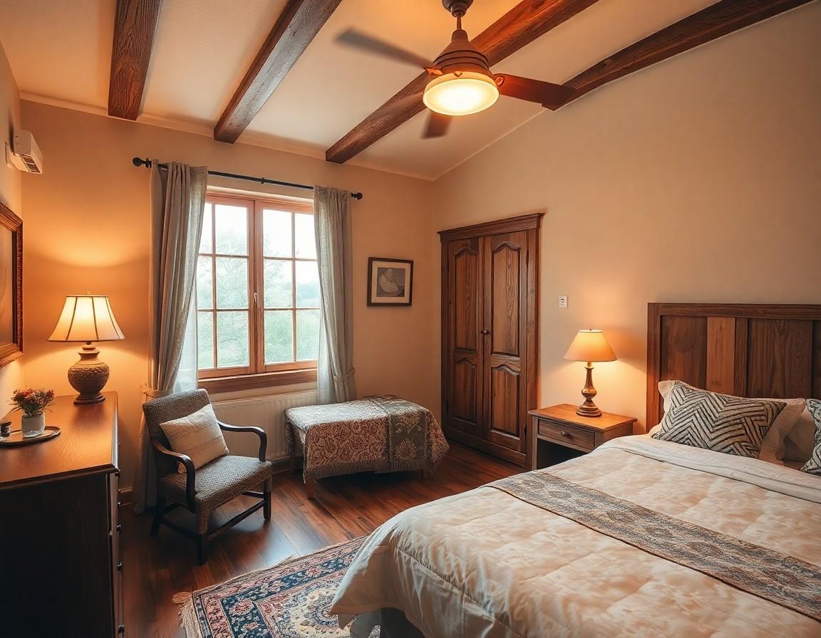 Bedroom with dark wood headboard, antique wardrobe, patterned ottoman, area rug, and exposed ceiling beams