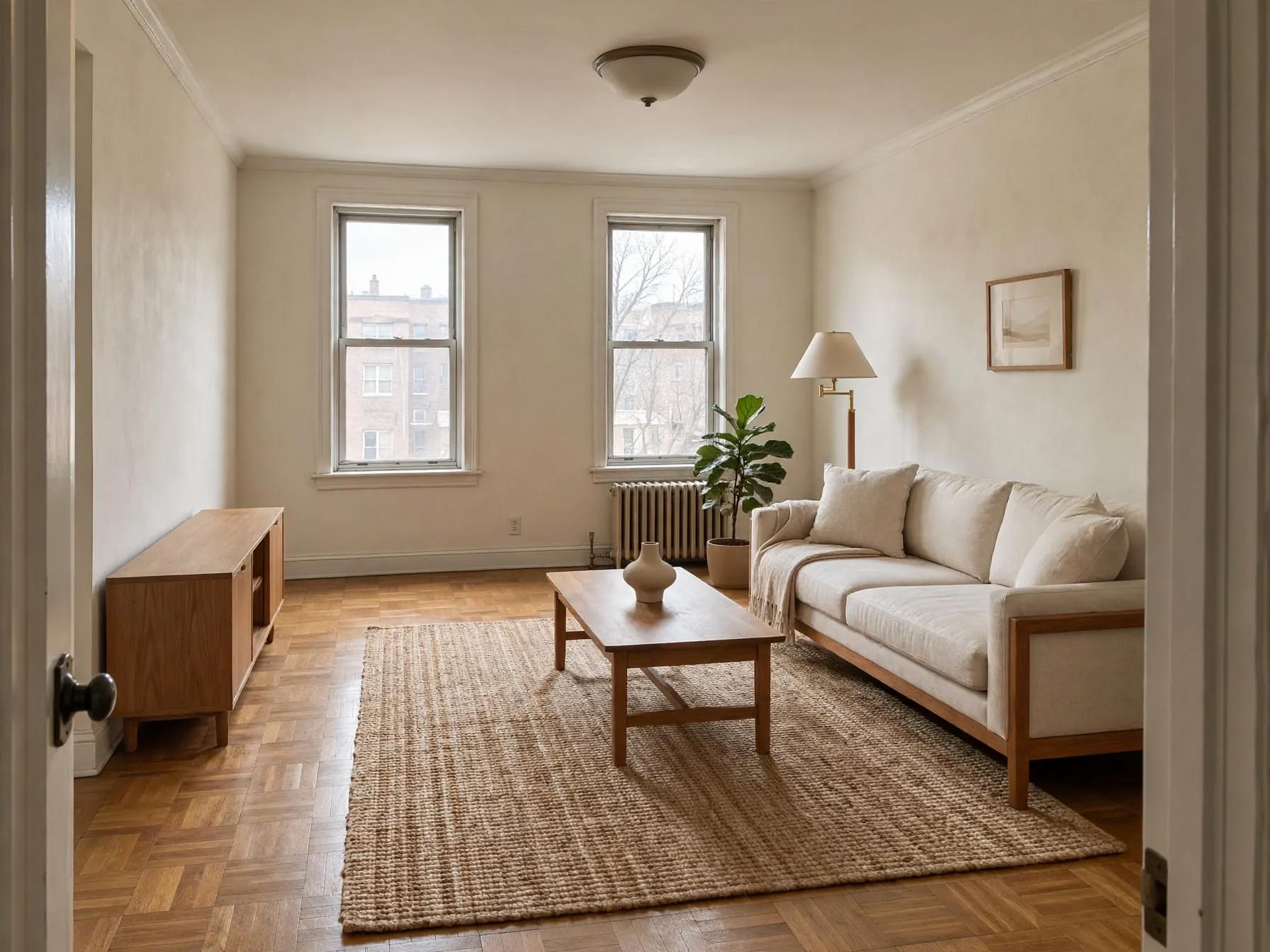 Japandi living room after AI restyle by Renovaitor: Neutral Japandi living space with woven jute rug and wood trim