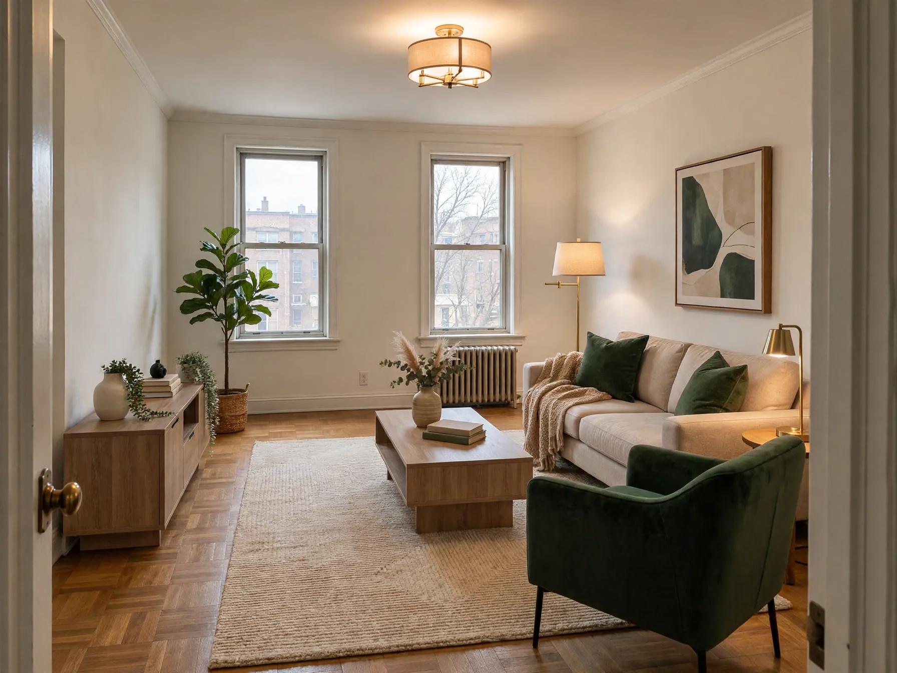 Contemporary living room after AI restyle by Renovaitor: Paired green accents and woven rug anchor a small urban living room