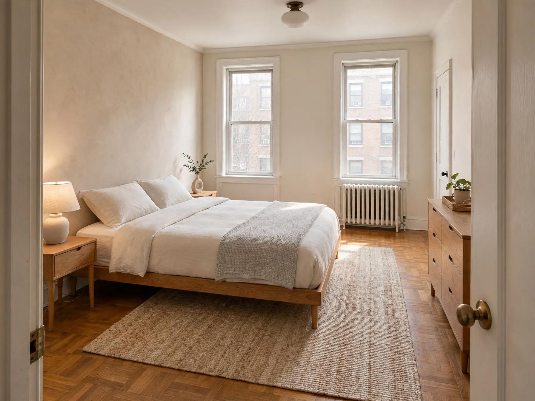 Japandi bedroom after AI restyle by Renovaitor: Sunlit Japandi bedroom with textured accent wall and oak furnishings