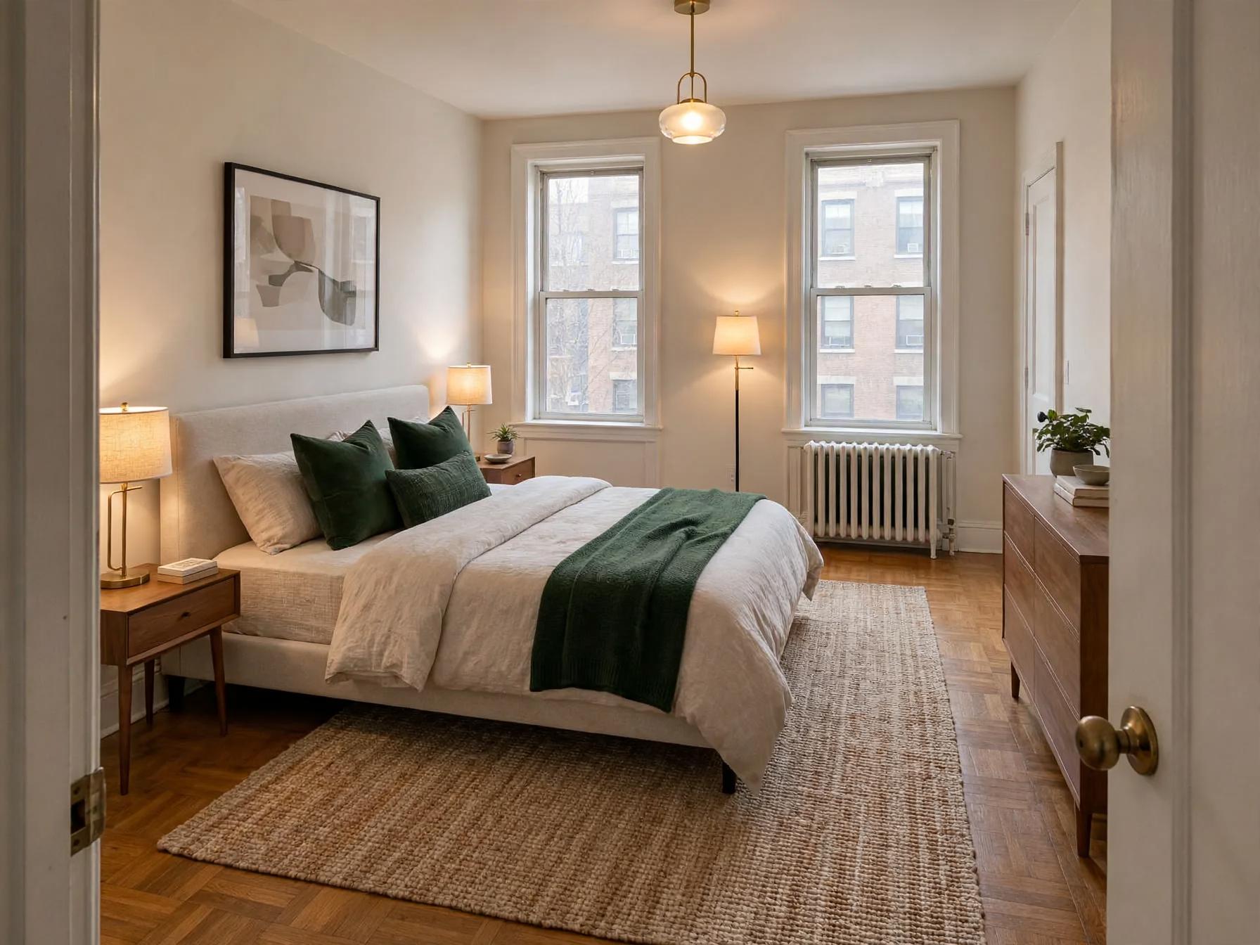 Contemporary bedroom with upholstered headboard, matching bedside tables and lamps, pendant light, framed art, green pillows and layered jute rug.