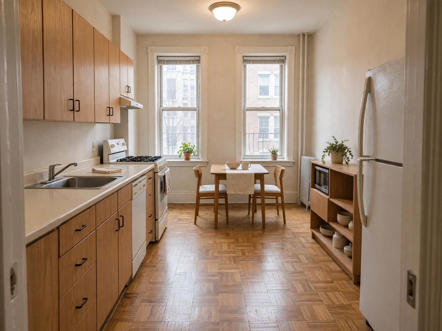 Same galley kitchen restyled with a low wooden storage unit at right, small table dressed with a runner and cushions, and potted plants on the windowsills