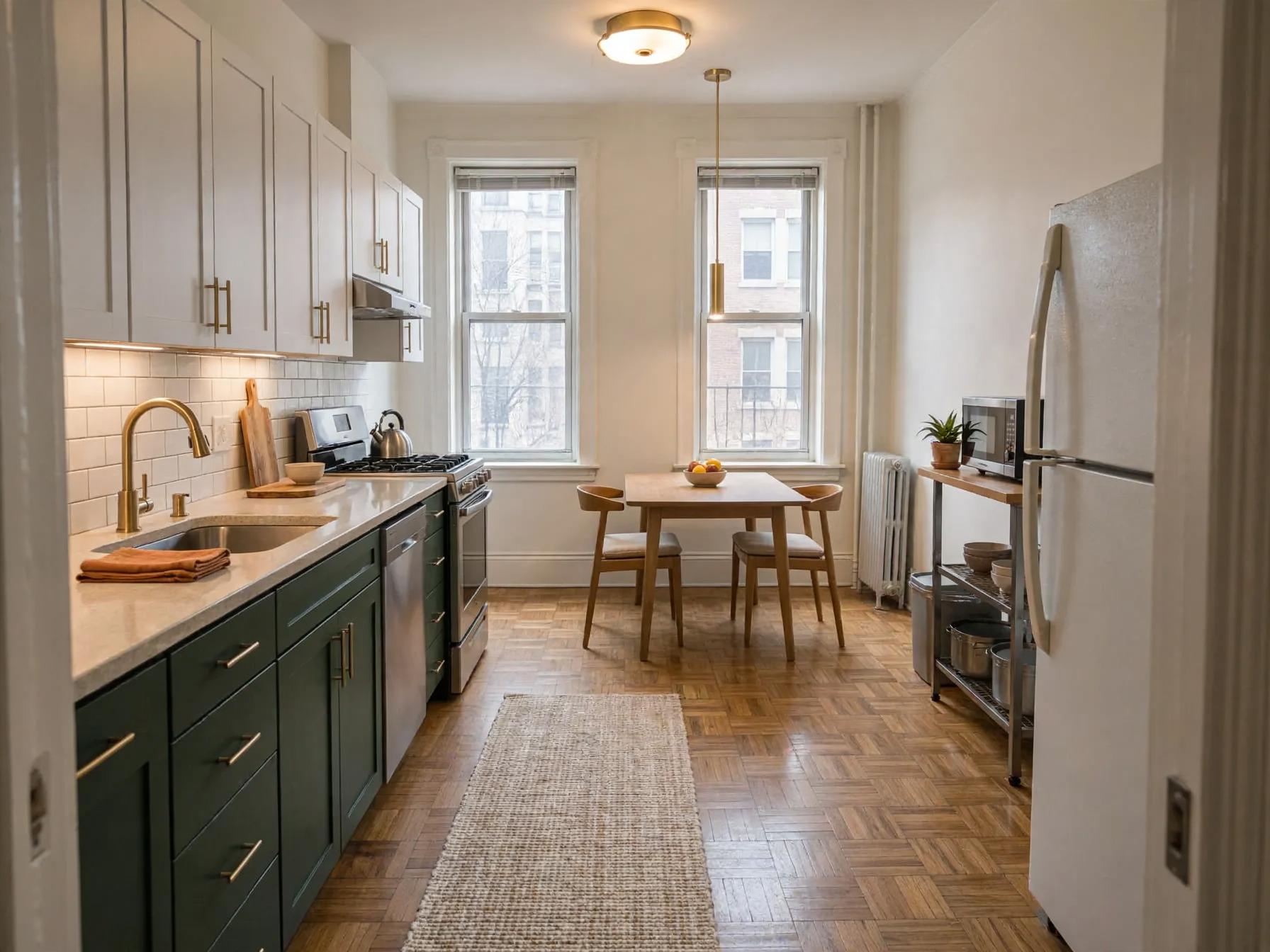 Contemporary kitchen after AI restyle by Renovaitor: Two-tone cabinetry and pendant light brighten narrow city kitchen
