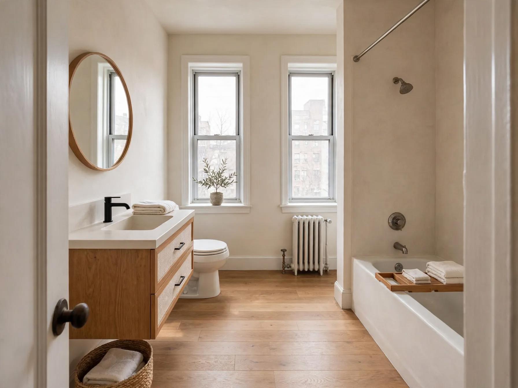 Japandi bathroom after AI restyle by Renovaitor: Twin tall windows framed by floating oak vanity in a Japandi bathroom