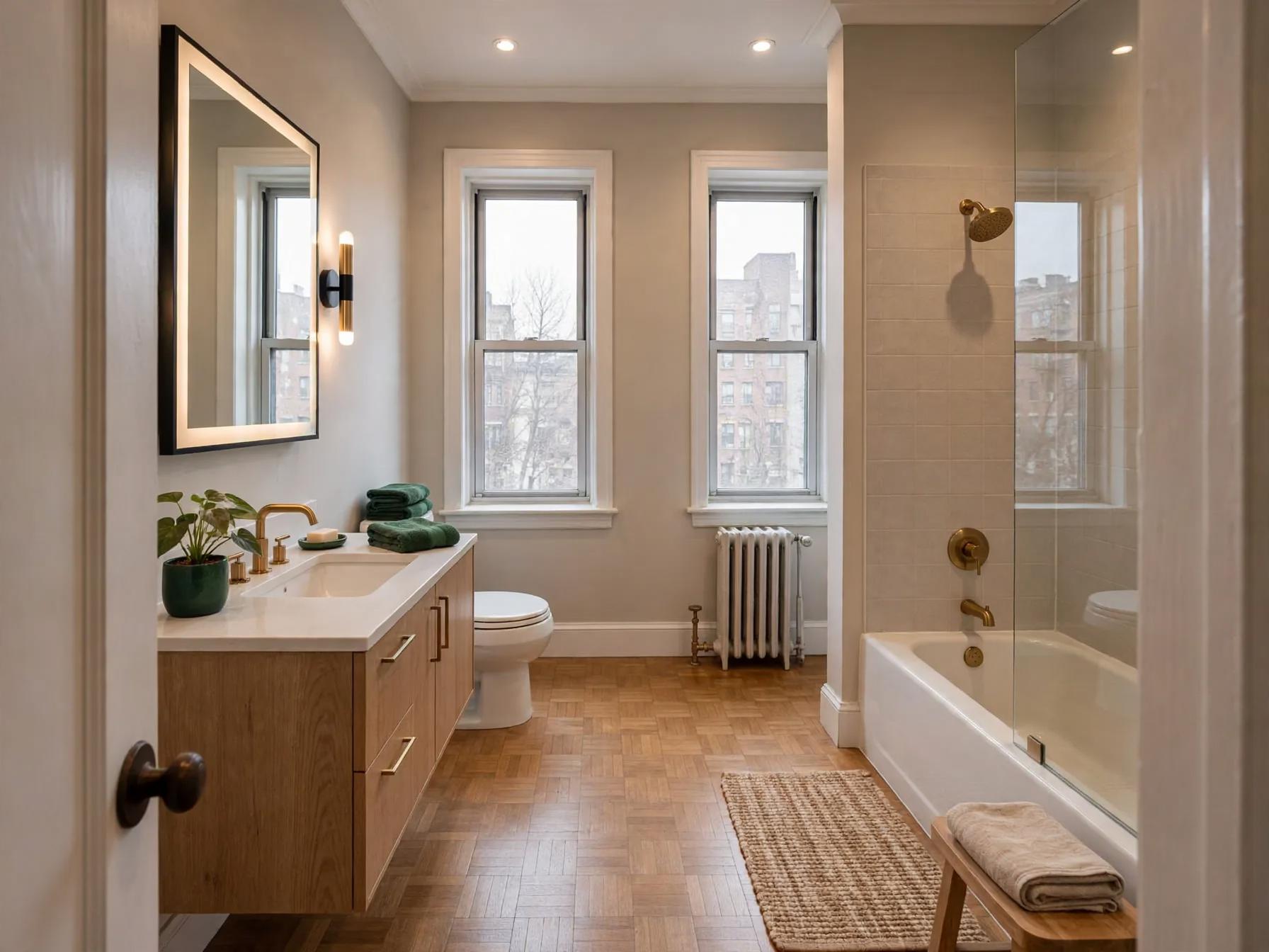 Contemporary bathroom after AI restyle by Renovaitor: Twin windows framed by a floating wood vanity and brass accents