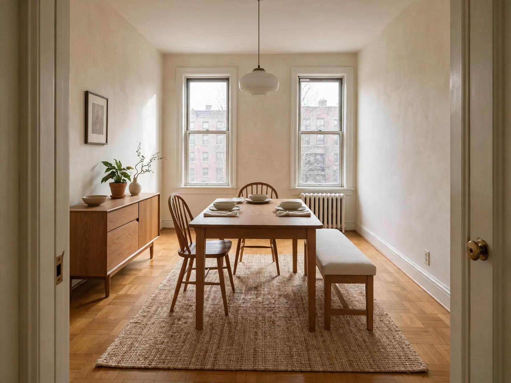 Japandi dining room after AI restyle by Renovaitor: Natural wood table with woven rug anchors small urban dining room