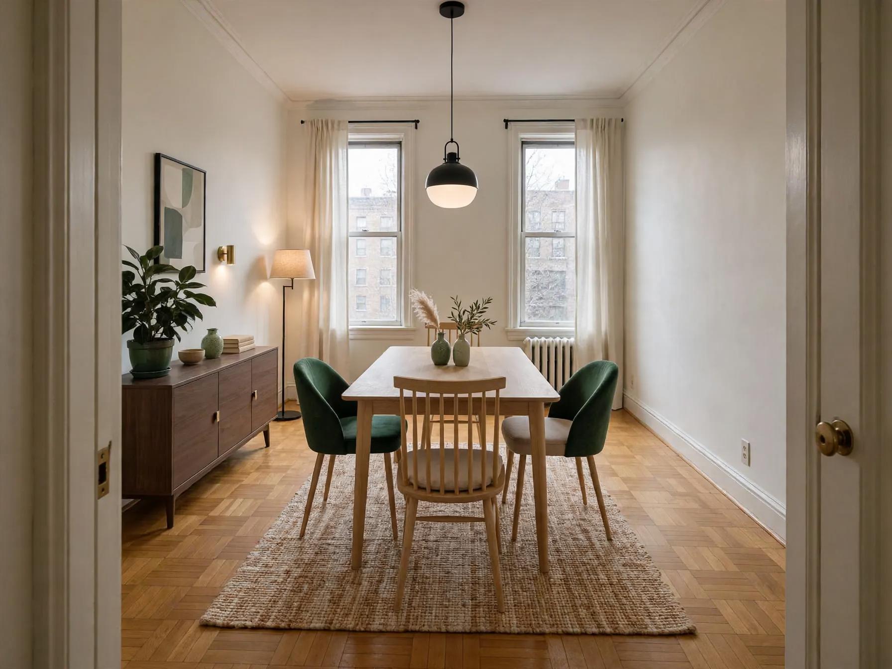 Contemporary dining room after AI restyle by Renovaitor: Twin-window dining with warm wood tones and green accents