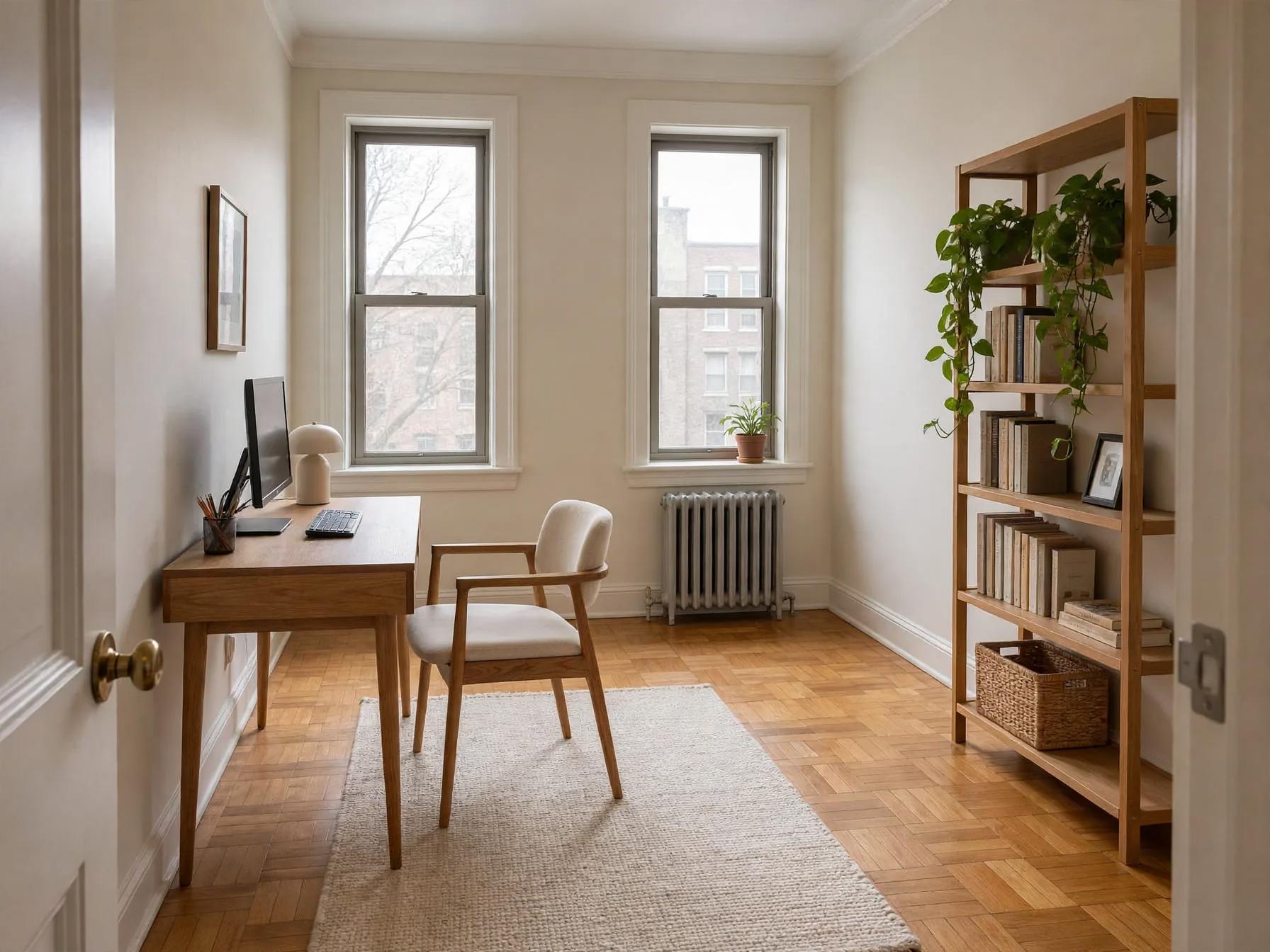 Japandi home office after AI restyle by Renovaitor: Two Tall Windows Framing a Minimal Japandi Home Office