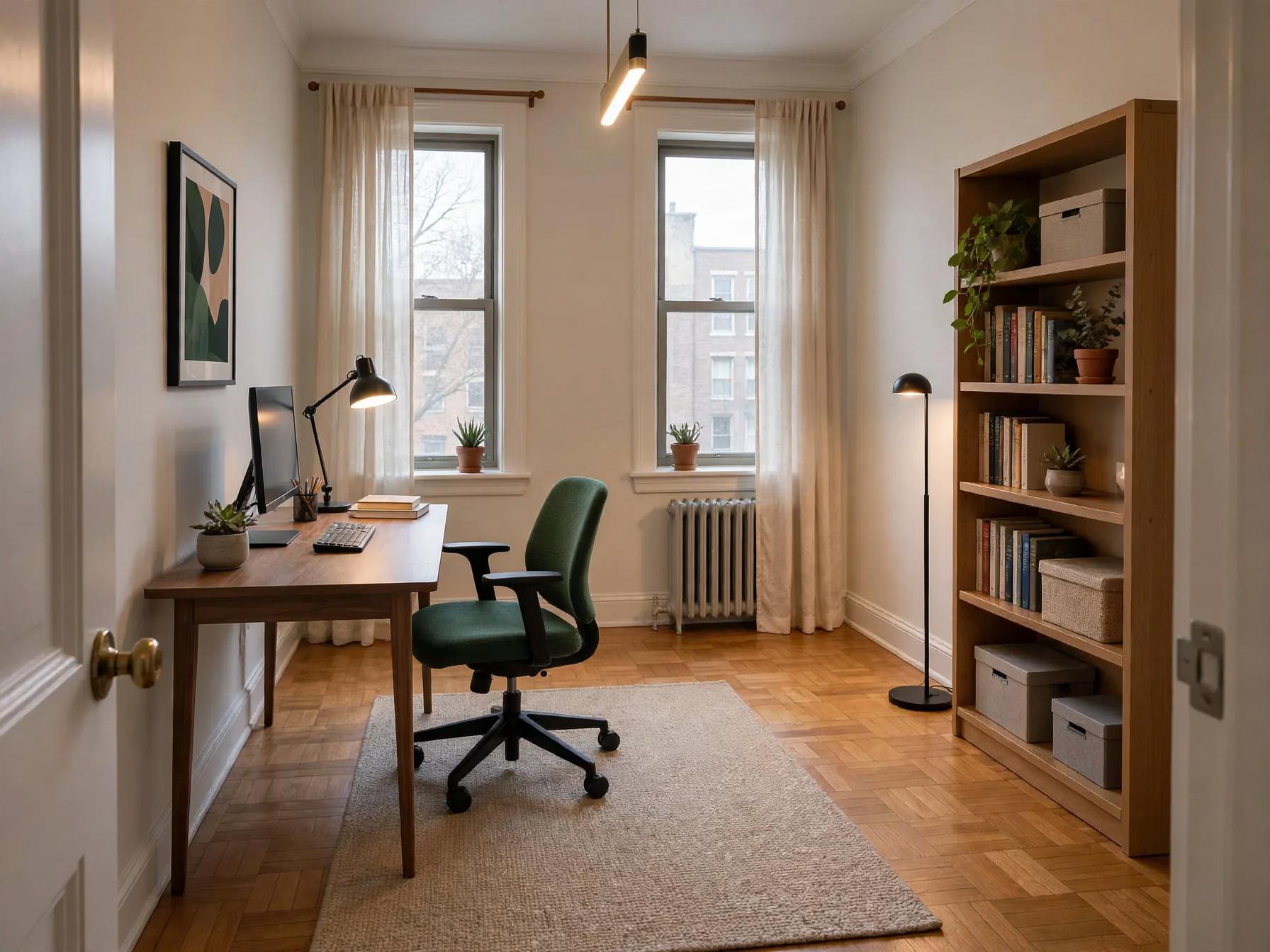 Contemporary home office after AI restyle by Renovaitor: Twin tall windows with radiator framing a pared-back home office