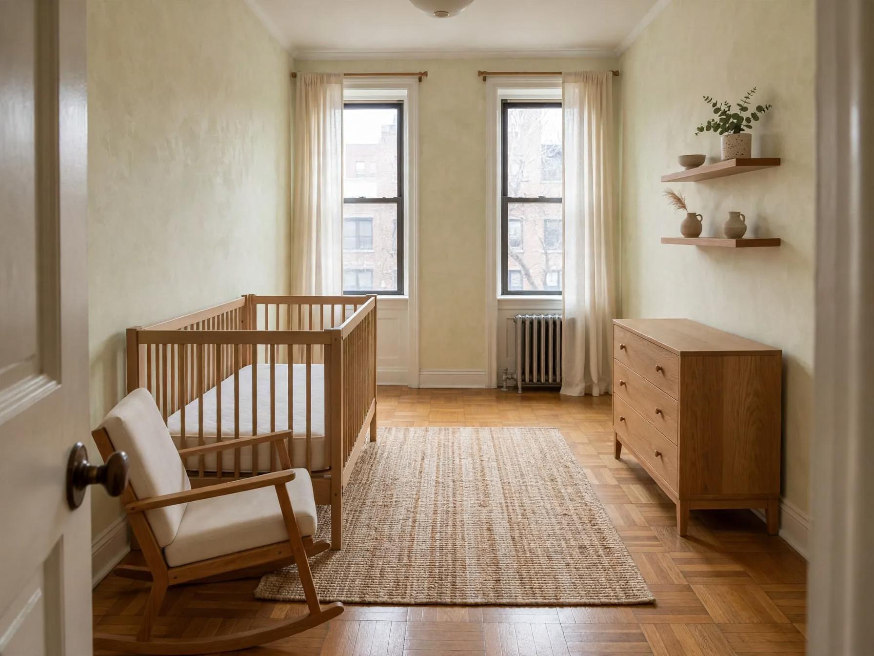 Same nursery with sheer linen curtains at both windows, woven jute rug, wooden rocking chair, floating shelves and decorative ceramics.