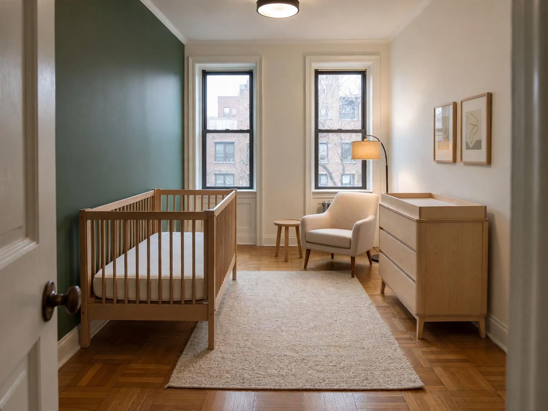Contemporary nursery after AI restyle by Renovaitor: Deep green accent wall and cozy reading nook in urban nursery