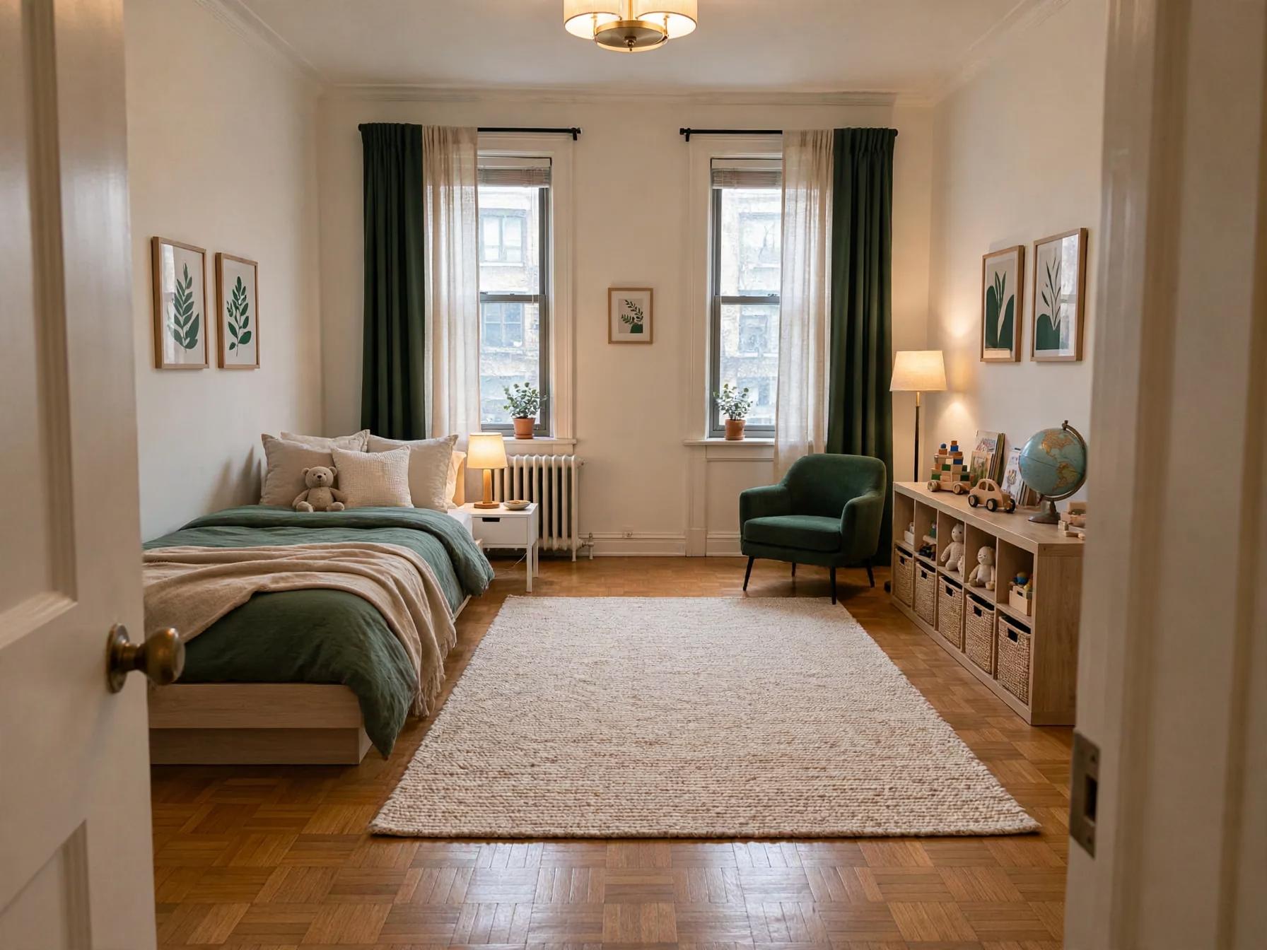 Contemporary kids room after AI restyle by Renovaitor: Layered greens and natural textures brighten a city kids-room