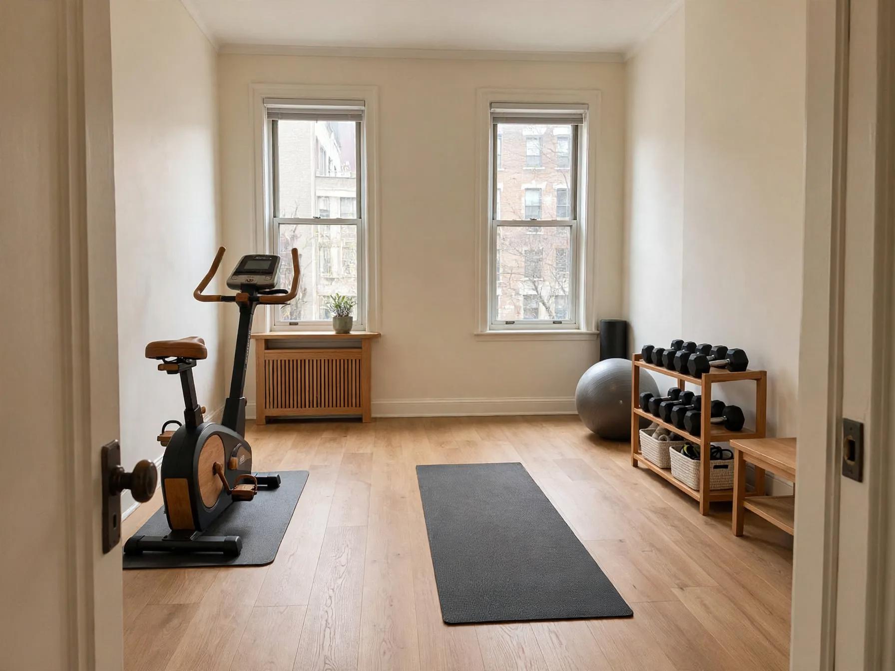 Same room with light oak plank flooring, slatted radiator cover with plant, upright bike with wood-tone accents, oak dumbbell shelf with woven baskets and small bench.