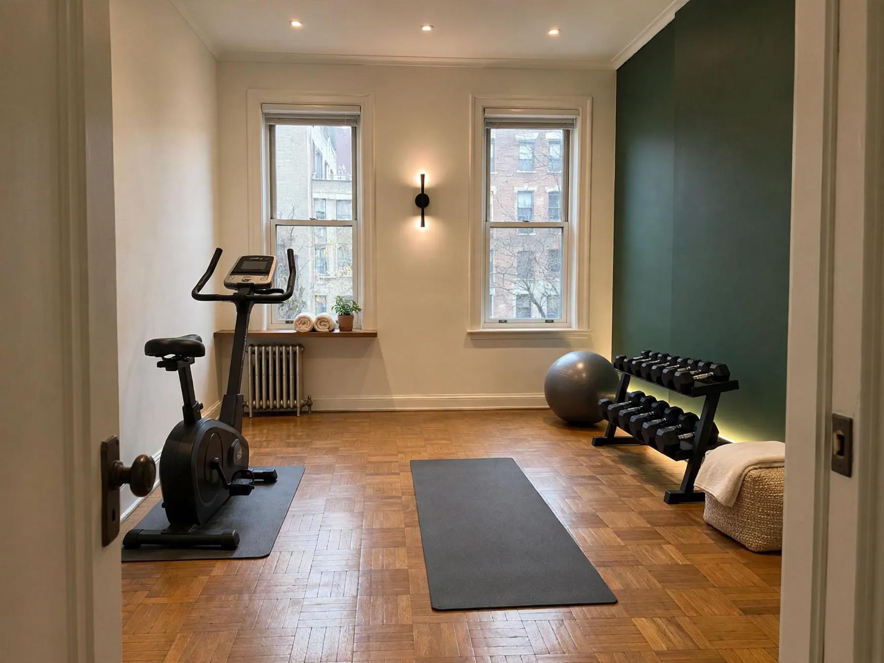 Contemporary home gym after AI restyle by Renovaitor: Deep green accent wall frames a compact urban home gym