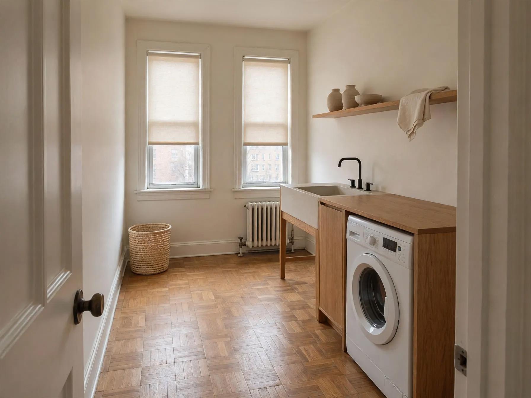 Japandi laundry room after AI restyle by Renovaitor: Japandi laundry with floating oak shelf and fitted washer cabinet