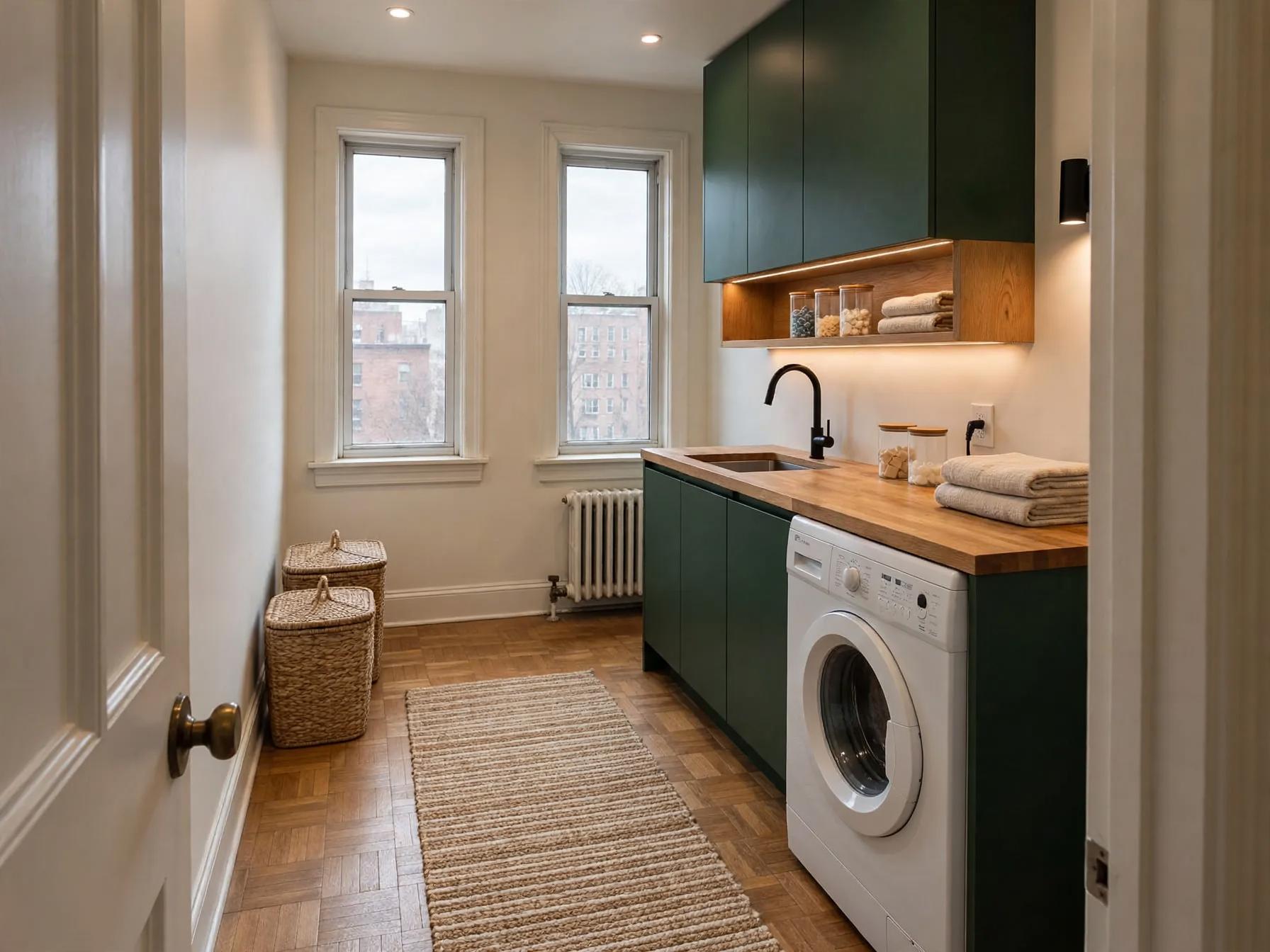 Contemporary laundry room after AI restyle by Renovaitor: Deep green cabinets with butcher-block counter in laundry room