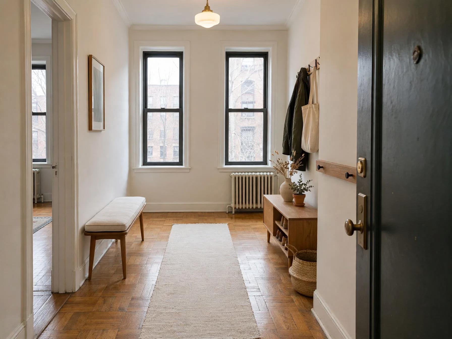 Japandi entryway after AI restyle by Renovaitor: Narrow entry with added Japandi bench, rug and pendant light